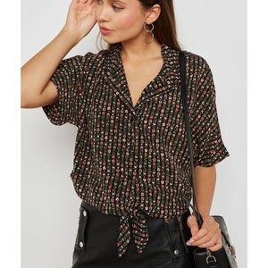 Floral button down tie blouse